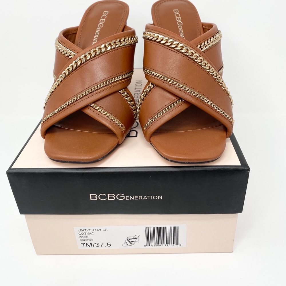 BCBGeneration Wabbi Cognac Block Heel Slide Sandals | Size 7M | NIB - Picture 2 of 6